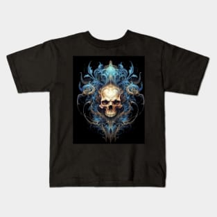 Skull on Blue Fire: Baroque Vintage Ornament Background Kids T-Shirt
